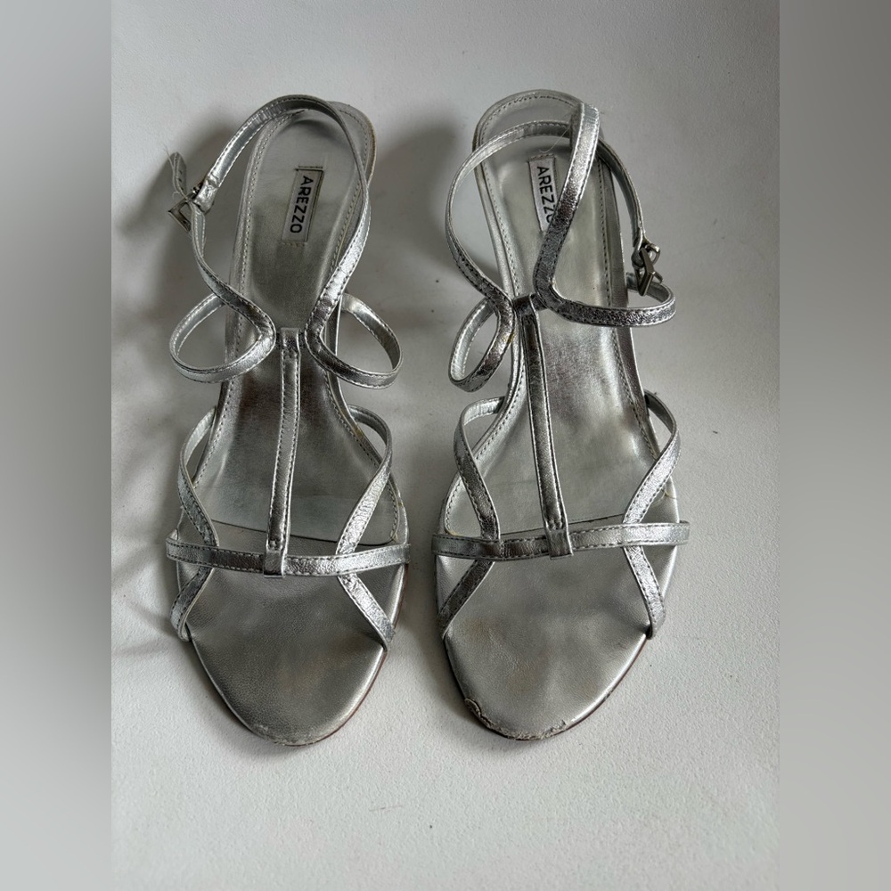 Arezzo Silver Strappy T‑Bar Heeled Sandals